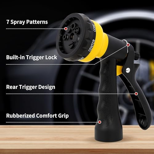 NEXCOVER Garden Hose Nozzle Sprayer - 7 Adjustable Watering Patterns Nozzle for Water Hose, Non-Slip Garden Spray Nozzle for Car Washing, Watering Plants, Pets Showering, Lawns Cleaning, Yellow - color: Yellow