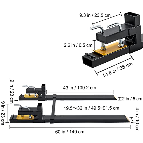 VEVOR Pallet Forks, 60" Total Length, 4000 lbs Clamp-On | Heavy Duty, Adjustable Stabilizer Bar, For Loader Bucket Skid Steer Tractor - size: 60 Inch