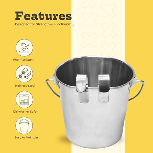 Stainless Steel Flat Side Bucket with Dual Hooks 2 Quart (0.5Gallon)– Heavy Duty Hanging Dog Water & Food Bowl Kennel, Cage & Crate, Durable Pet Pail for Dogs, Cats, Birds & Small Animals - size: 2 Quart