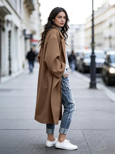 Women's Winter Wool Coat Notch Lapel Single Breasted Casual Mid Long Pea Trench Coat - color: Light Brown, size: Small