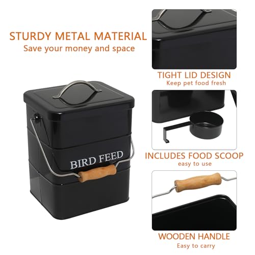Morezi Bird Seed Storage Container Metal, 6 Lbs Airtight Bird Food Tin | Outdor Wild Bird Seed Container Canister w/ Scoop/Wooden Handle, Sturdy and Squirrel-proof, Keep Sunflower Seed Fresh-Black - color: Black