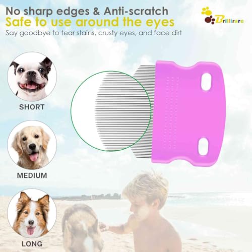 4 Pack Eye Comb, Stainless Steel Pet Tear Stain Professional Remover, Dog Cat Flea Lice Grooming Combs with Gentle Rounded Teeth, Eye Gunk Removal, Dematting Tool for Small, Medium & Large Pets