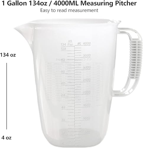 1 Gallon Measuring Pitcher-Convenient Conversion Chart,134oz Extra Large Plastic Measuring Cup-Strong Food Grade Material,Graduated Mixing Pitcher Great for Lawn,Pool Chemicals, Motor Oil and Fluids - color: 1 Gallon / 134oz - Translucent