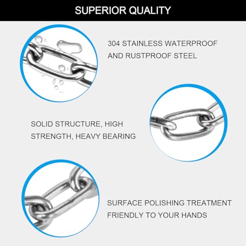 Metal Utility Chain, 304 Stainless Steel Safety Chains Clothesline Hardware Long Link Chain Rings Heavy Duty Coil Chain for Hanging Pulling Towing (2mm/5ft)