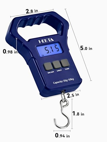 HEETA Fish Scale 110lb/50kg Digital Hanging Fishing Luggage Weight Scale | Portable with Backlit LCD Display, Hook & Non-Slip Large ABS Handle, Fishing Gifts Gear for Men, 2 AAA Batteries Included - color: Blue