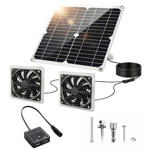 20W Monocrystalline Solar Powered Dual Exhaust Fan Kit with Switch | IP54 Waterproof, USB Ports, for Chicken Coop Greenhouse Shed RV Pet House, Outdoor Ventilation, Easy Install, Year-Round Use