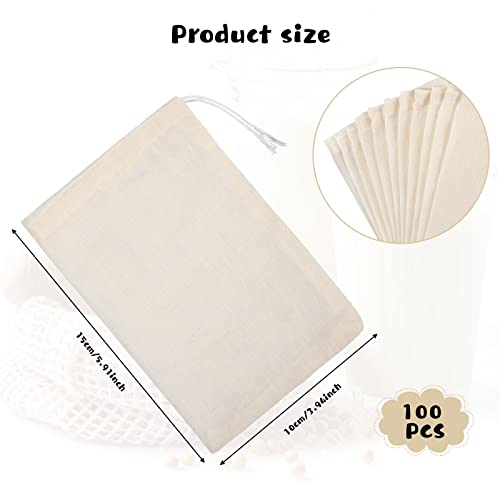 4 x 6 Inch 100 Pieces Muslin Bags Cheesecloth Bags for Straining Reusable Tea Filter Cold Brew Milk Tea Filter Strainer Cheese Clothes Cheese Clothbags for Office Kitchen Cooking - size: 4 x 6 Inch