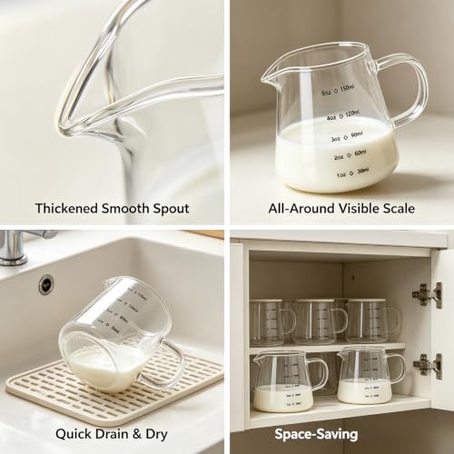 150ml/250ml High Borosilicate Glass Measuring Creamer Pitcher with Scale, Clear Glass Milk Cup for Coffee, Espresso, Milk, Baking and Kitchen