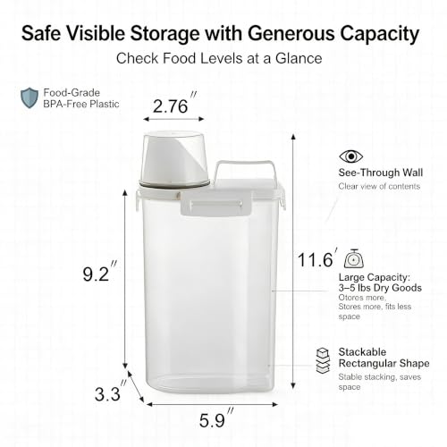 Gagee 4 Pack Airtight Rice Dispenser 3-5 Lb with Measuring Cup,Clear | Cereal Dry Food Flour Bin, Pet Dog Cat Food Dispenser, BPA Free Plastic Kitchen and Pantry Organization Bin for Sugar - color: 4Pcs Clear