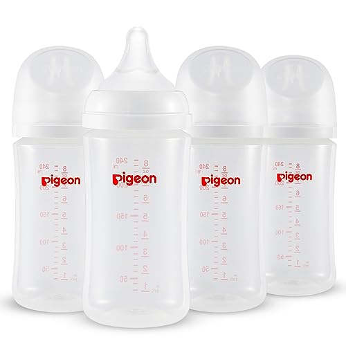 Pigeon PP Wide Neck Anti-Colic Nursing Bottle, 8.1 oz, 4-Pack | Includes 4 M Nipples (3m+): Equipped with 4 natural-feel, medium-flow nipples; features a streamlined body for easy cleaning. - color: 8.1Oz, 4 packs