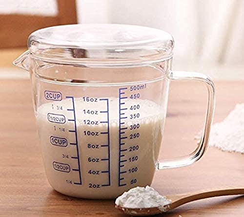 Glass Measuring Cup with Lid Handle, Borosilicate V-Shaped Spout Microwave Safe Kitchen Mixing Accessories 3 Measurement Scales Cup, ML, OZ Easy Measure Liquid Powder Milk Cups for Cooking Baking - color: 500 ml