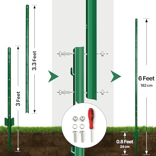 6ft Fence Posts, Pack of 10 - Sturdy Metal U-Posts & Step-in Stakes | No Digging Poles for Garden Wire Fencing and Yard Signs (Requires Assembly) - size: 6 Feet (Requires Assembly)