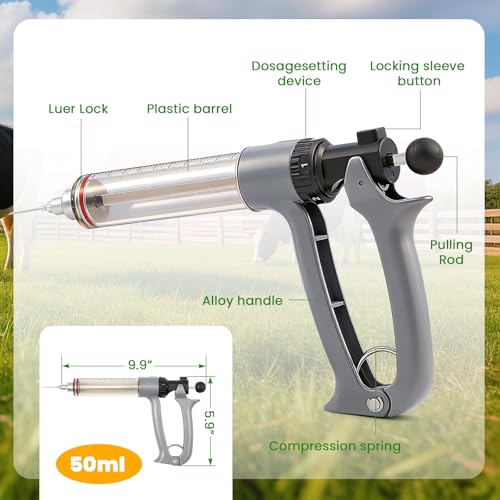 NEWTRY 50ML Continuous Livestock Syringe Adjustable Poultry with 10 Needles | Semi Automatic Syringe Adjustable Poultry Gun Stainless Steel with 10 Needles for Horse Sheep Cattle - size: 50ML