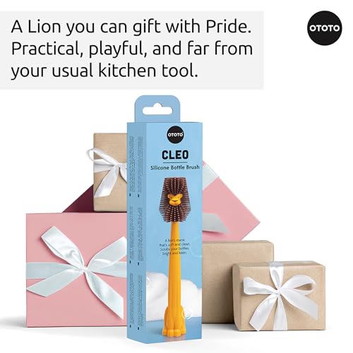 OTOTO Cleo Dish & Water Bottle Brush – Silicone Baby Bottle Brush, Water Bottle Cleaner, Dish Brush with Long Handle, Cute Lion Design, Crevice Cleaning Brush, Baby Essentials, Kitchen Gadgets - style: Cleo