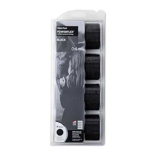 OVIK Health PowerFlex Equine – Extra Strong Self-Adhering Bandage Wrap – Wound Care, Compression & Support Bandage for Horses, Cows & Dogs – Black, 4 inch, 4 Rolls (Resealable Case) - color: Black