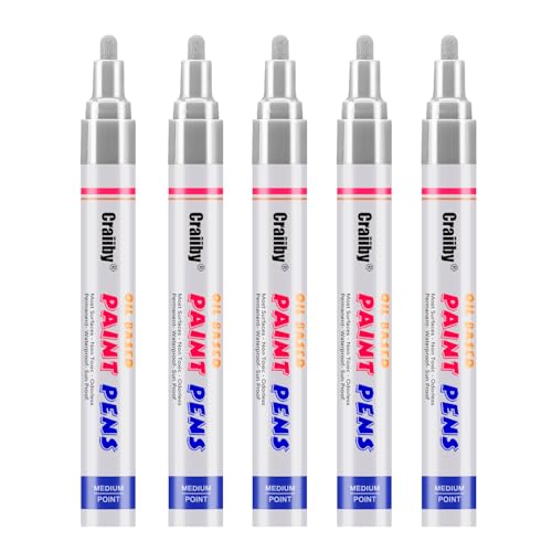 Craiiby Silver Paint Markers, 5 Pack Oil-Based Waterproof Quick Dry Permanent Paint Pen Set for Rocks Painting, Wood, Fabric, Plastic, Canvas, Glass, Mugs, Metal, Tire, Stone, DIY Craft, Grey, Gray - color: Silver