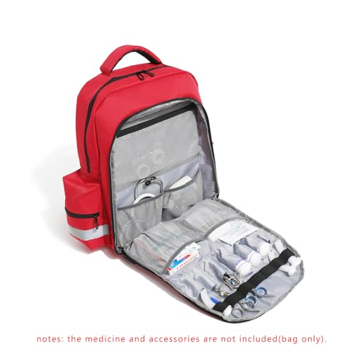Empty First Aid Backpack Multi-Pocket Emergency Medical Organizer for First Responders Trauma Camping Hiking Travel Portable Red Trauma Bag (Bag Only)