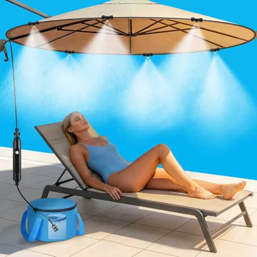 Portable Misting System with Pump, DIY 26FT(8M) Misting Line & 6 Brass Nozzles, 4-Gallon Water Bag, USB Rechargeable (4500mAh) Outdoor Cooling System for Patio, Camping, Golf Cart, Canopy