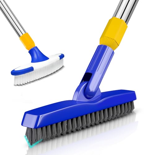 Grout & Scrub Brush Combo, Floor Scrubber with Long Handle, Multi-Purpose Stiff Bristles Cleaning Brush Set for Tile, Grout, Deck, Kitchen, Shower Floor (2 Pcs) - color: White & Blue Head