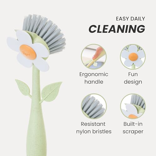 Vigar Florganic Dish Brush with Handle and Built-in Stand, Multicolor | Daisy-Shaped Kitchen Scrub Brush, Dishes and Sink Cleaning, Non-Stick Safe Soft Nylon Bristles, Dishwasher Safe
