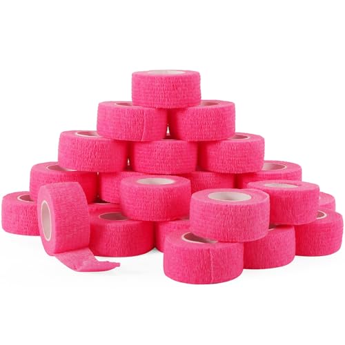 24 Rolls Elastic Self Adhesive Bandage Wrap 1 Inch, Breathable Non Woven Cohesive Bandage, Vet Wrap for Dogs, Ankle Sprains Swelling Medical First Aid Tape, Sports Athletic Tape Color Hot Pink - color: 1 Inch-24 Count Hot Pink