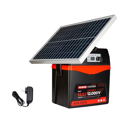 Solar Electric Fence Charger - 9 Joule Fence Energizer 25W Solar Panel Fence Energizer 12V Battery 120Miles Range Electric Fence Energizer Ideal for Livestock, Poultry, Large Animals - size: ADS9000