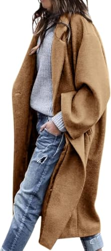 Women's Notch Lapel Single Breasted Pea Coat | Premium Wool Blend, Oversized Long Casual Overcoat with Pockets, Fall and Winter - color: Khaki, size: Small