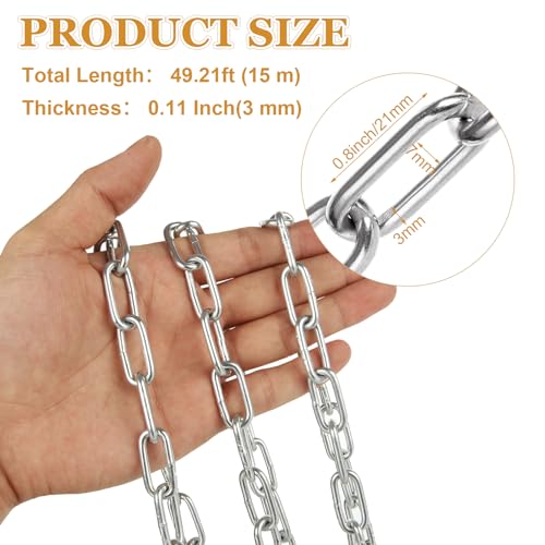 WOPPLXY 49.21ft (15 m) Length Galvanized Steel Chain, 0.11 Inch(3 mm) Heavy Duty Coil Chain, Stainless Steel Link Chain for Home Outdoor Fence Gate, Garage Doors, Swing Chain, Bicycle Security Lock