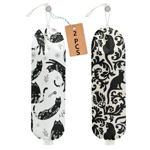 2Pcs Black White Floral Cat Plastic Bag Holder, Wall Mount Grocery Bag | Plastic Bags Storage, Mysterious Cats Reusable Grocery Bags Storage Dispenser for Home Kitchen Decor, Cat Lover Gifts - color: Interesting black cat 02