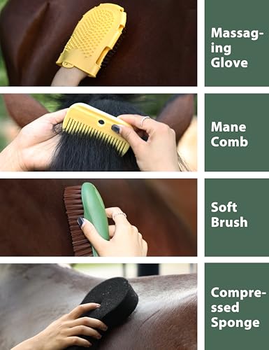 11-Piece Horse Grooming Kit with Waterproof Tote Pasture Glow | 10 coordinated horse grooming tools with comfort-grip designs and a spacious waterproof tote for complete horse grooming - color: Pasture Glow