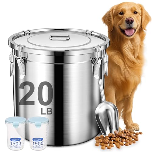 Newget 20lb Airtight Stainless Steel Dog Food Storage Container with Scoop | Large Metal Pet Food Containers Set with Sealed Lid, Metal Lock for Easy Open and Close, Keeps Fresh for Cat / Dog Food - size: 20 lb