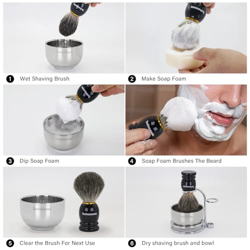 Badger Hair Shaving Brush With Wood Handle, Goat Milk Shaving Soap, Dual-ring Base Stainless Steel Shaving Stand Holder and 3 Layers Shaving Bowl for Men's Wet Shaving (Black With Badger Hair) - color: Black With Badger Hair
