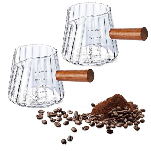 Aruizun2 PCS Espresso Measuring Cup, 6 Oz Espresso Shot Glass with ML Scale | Espresso Cups with V-Shaped Spout & Wood Handle, Heat-resistant Borosilicate Glass Pitcher for Coffee, Milk & Syrup - color: 2 pcs