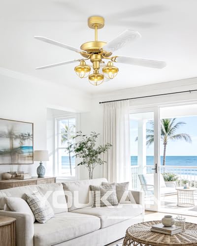 YOUKAIN 52-Inch Farmhouse Ceiling Fan with 3 Lights & Remote, Gold/Wood | 5 reversible blades, industrial-inspired gold and wood finish for indoor/outdoor use and covered patios