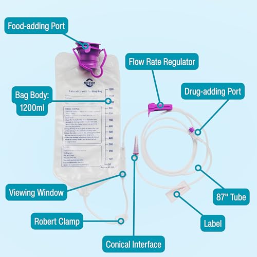 2 Pack Enteral Feeding Gravity Bag Sets, 1200ML Capacity, Large Bore with Tubing, Disposable Enteral Nutrition Bags