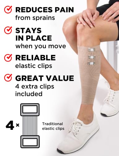 Premium Elastic Bandage Wrap - Extra Long - 2pk - 4" x 9ft + 4 Extra Clips | Strong Compression Bandage Wrap for Leg, Arm, Wrists, Elbow, Ankles, Feet and Knees - for First Aid Kit and After Surgery - size: 2 Pack (X-Long)