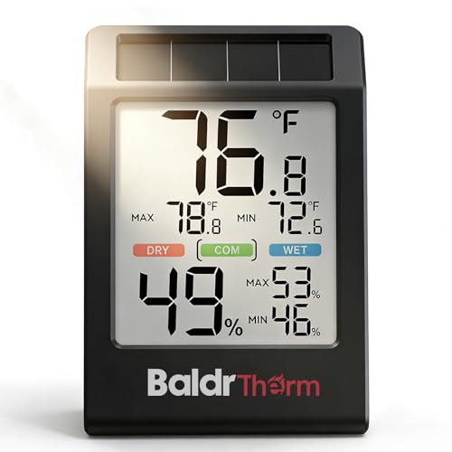 BALDR Solar Indoor Thermometer Hygrometer, Max/Min, Comfort Meter（Black） | Solar & Battery Dual Power |No Setup or App Required |Clear Comfort Level Indicator |Flexible Desk or Wall Placement - color: Black