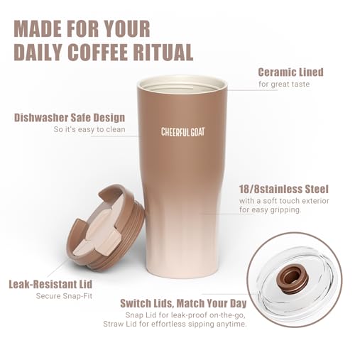 CHEERFUL GOAT Ceramic Travel Tumbler Ceramic Coffee Mug with 2 Lids | 21 OZ Stainless Steel Coffee Tumbler with Ceramic Liner,Cup for Hot and Cold at Home, Office, or On the Go （Latte Ombre ） - color: Latte Ombre