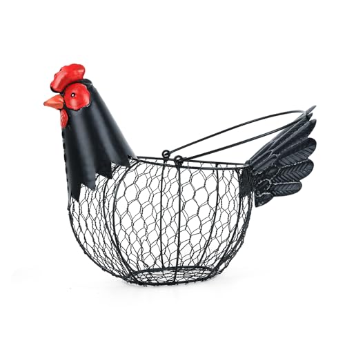 Chicken Egg Collecting Basket,Metal Wire Eggs Holder Bowl with Handle | Farmhouse Chicken Decor,Rustic Black Rooster Chicken Shaped Fruit Countertop for Home Kitchen Decoration - color: Rustic Black