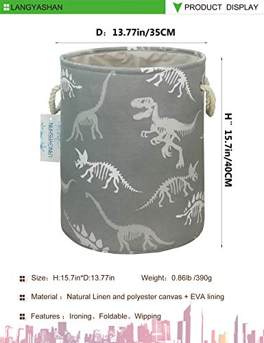 Round Thick Laundry Basket Collapsible Organizer Boys Dinosaur skeleton | Canvas Foldable Storage Hamper Sturdy Rope Handles for Household Gift Baskets Bedroom Clothes Toys Children Nursery - color: Gray Dinosaur skeleton