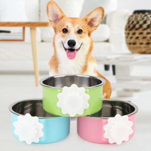 Dog Crate Water Bowl No Spill Removable Hanging Bowls, Blue | Stainless steel + plastic 2-in-1, twist-lock easy install, detachable easy clean, for small dogs/cats/rabbits/guinea pigs - color: Blue+Green
