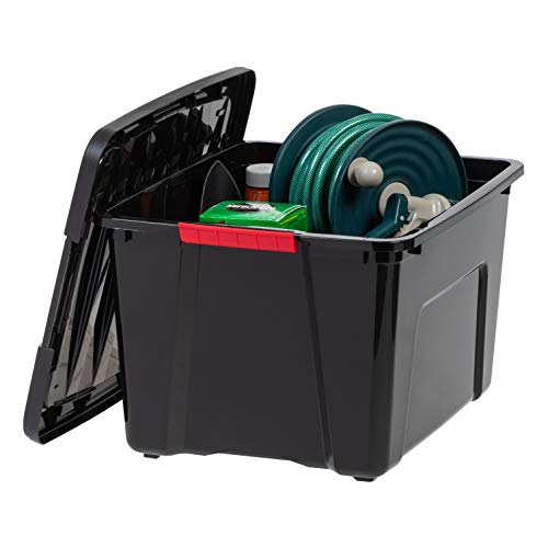 IRIS USA 4-Pack 40 Quart Storage Bins with Lids, Black | Black finish conceals stored items. Perfect for moving, blankets, clothing, and garage storage. Nestable design saves space - size: 40 Qt, style: 4 Pack