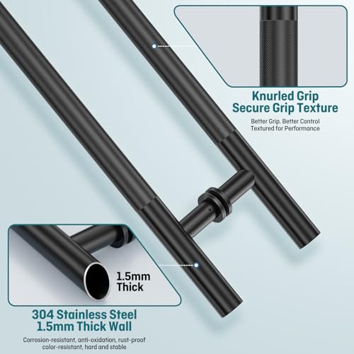 Ranbo 72" Knurled Door Pull Handle, 60"(1524mm) CTC, Matte Black | Heavy Duty 1.5mm 304 Stainless Steel, Back to Back Pull Handles for Interior/Front /Barn/Commercial/Entrances, Enhanced Grip - size: 72 Inch