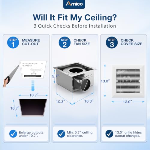 Amico Bathroom Exhaust Fan, 160 CFM, 1.5 Sones, Low Noise, ETL & FCC | Ceiling Opening 10.7'' x 10.7'', Household Ventilation Fans, Ceiling Mounted, No Attic Access Needed - size: 160 CFM (No Light)