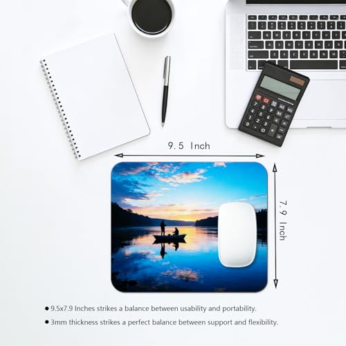 Sunset Lake Fishing Silhouette Mouse Pad 9.5" x 7.9", Calm Blue Water Nature Cute Desk Mat, Serene Scene - color: Fishing Scene
