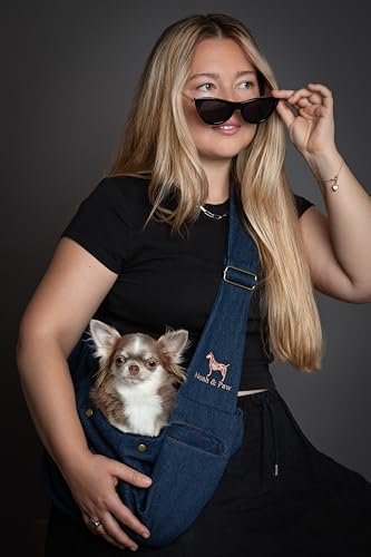 Noah & Paw Dog Sling Carrier for Small Dogs 3-10lb, Dog Sling for Small Dogs and Cats, Dog Carrier with Adjustable Padded Strap, Premium Denim, Lined with Fur, Double Safety Feature, Machine Washable - color: Dark Blue, size: 15.0"L x 6.0"W x 5.5"H