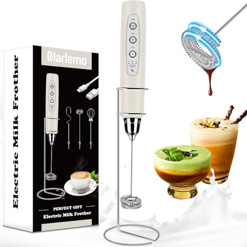 Colarlemo Milk Frother Handheld Rechargeable with Stand, Frother Wand Drink Mixer Electric Whisk for Coffee, Detachable With 3 Stainless Whisks, Hand Mixer for Lattes, Cappuccino, Matcha, Egg, Beige - color: Light Beige, style: with stand