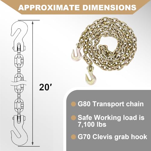 AAIN G80 Transport Chain, 3/8Inch*20 Ft Binder Chain with G70 Grabs 2 Pack | Heavy Duty Trailer Logging Binder Chain | 7,100 lbs WLL | for Transporting Towing Truck Tie Down Binding Equipment - size: 3/8 Inch - 20 FT, style: 2 Pack