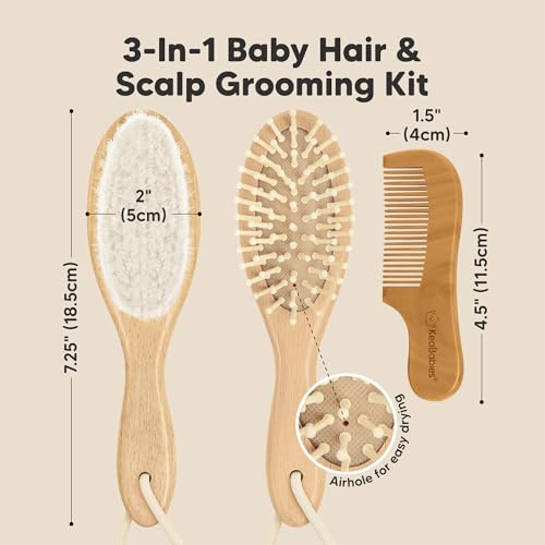 Wooden Baby Hair Brush Set for Newborns, Toddler Comb (Walnut, Regular) | Soft Goat Bristle, Baby Brush and Comb Set, Infant Grooming Kit, Cradle Cap Care, Durable & Gentle, Boy, Girl Bath Essential - color: Walnut, size: Oval, Regular 7"