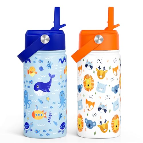 SANDJEST Kid Water Bottle 12oz with Straw Lid - 2-Pack Insulated Stainless Steel Water Bottles for Kids Girls - Travel Cup for Back to School Sports Christmas Birthday (Animals & Sea Animals) - color: Ocean Animal + Animal